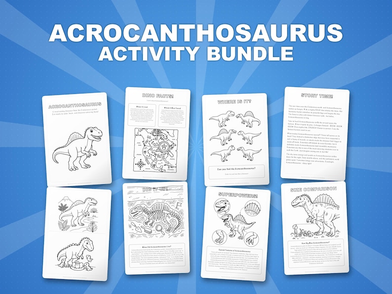 Pacchetto di attività sul dinosauro Acrocanthosaurus: pagine da colorare, schede didattiche e curiosità (PDF) immagine 1