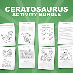 Ceratosaurus-dinosaurus activiteitenbundel | Kleurplaten, werkbladen, feiten (pdf-download) afbeelding 1