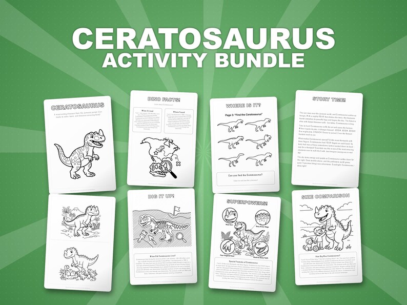 Ceratosaurus-dinosaurus activiteitenbundel | Kleurplaten, werkbladen, feiten (pdf-download) afbeelding 1