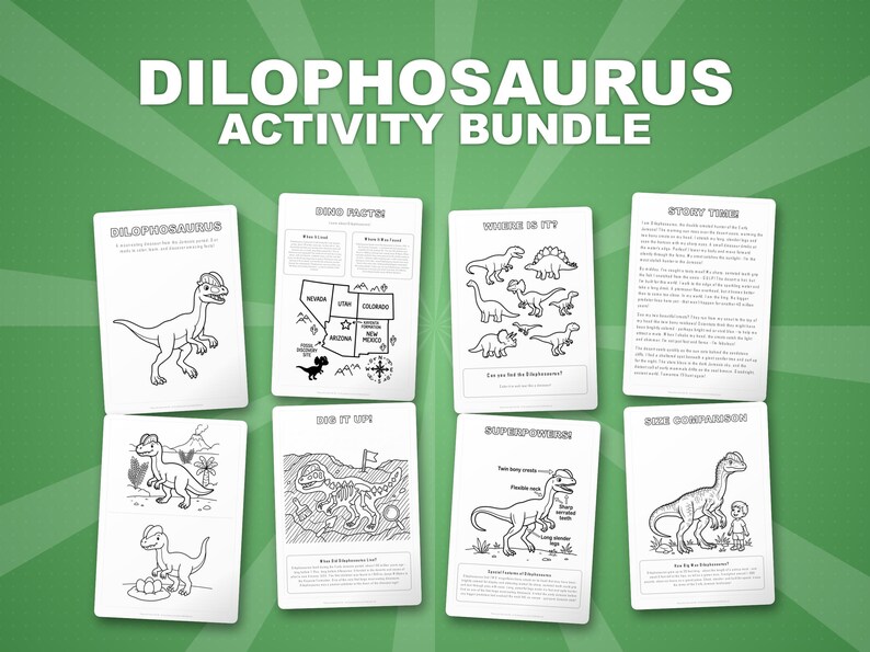 Dilophosaurus Dinosaur Activity Bundle | Coloring Pages, Worksheets, Facts (PDF) image 1