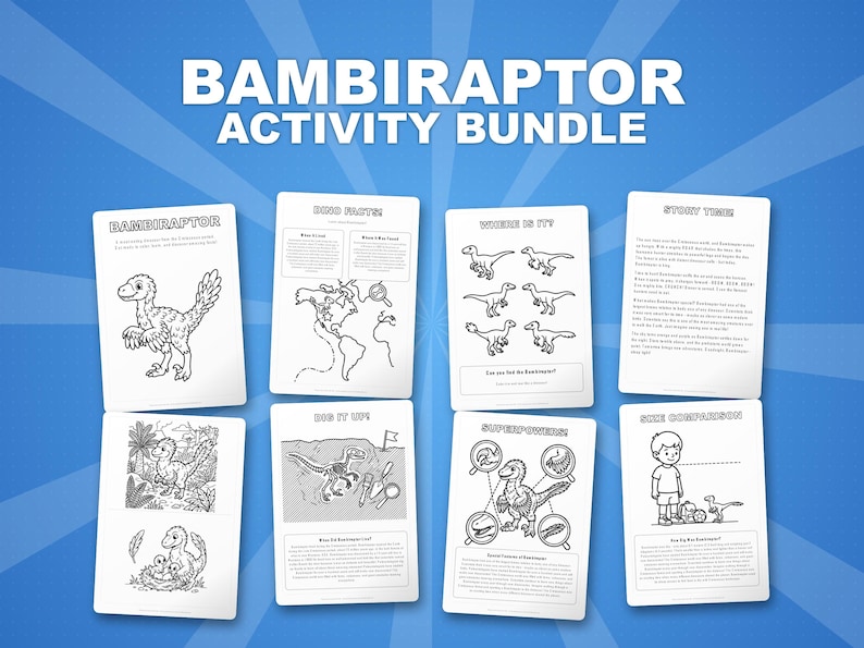 Paquete de actividades sobre el dinosaurio Bambiraptor / Páginas para colorear, hojas de trabajo, datos interesantes (descarga en PDF) imagen 1