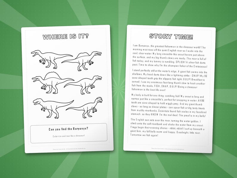 Paquete de actividades sobre el dinosaurio Baryonyx / Páginas para colorear, hojas de trabajo, datos interesantes (descarga en PDF) imagen 6
