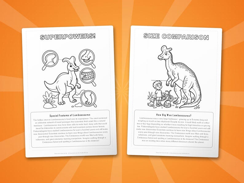Paquete de actividades sobre el dinosaurio Lambeosaurus / Páginas para colorear, hojas de trabajo, datos interesantes (PDF instantáneo) imagen 8