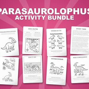 Activiteitenbundel dinosaurus Parasaurolophus | Kleurplaten, werkbladen, feiten (pdf-download) afbeelding 1