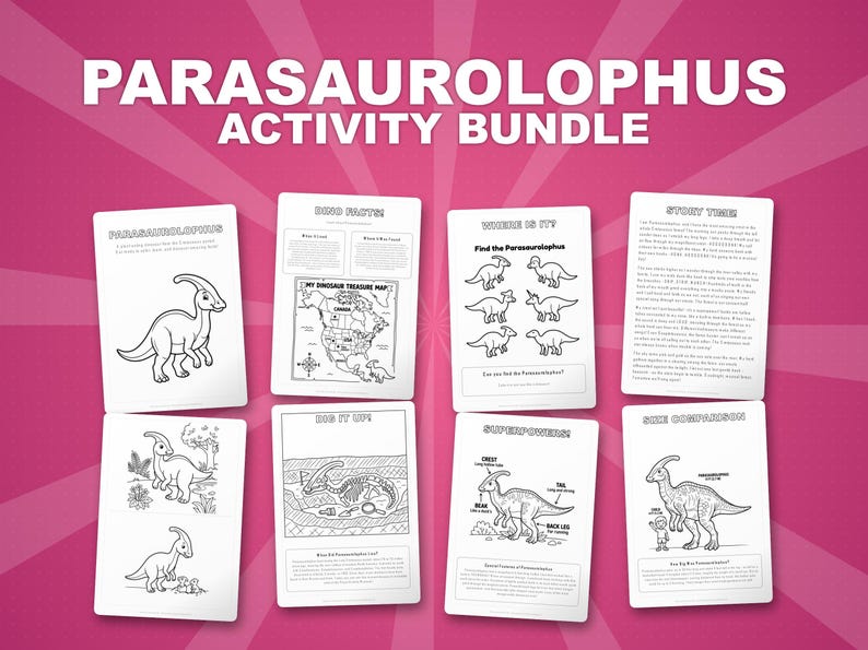 Activiteitenbundel dinosaurus Parasaurolophus | Kleurplaten, werkbladen, feiten (pdf-download) afbeelding 1