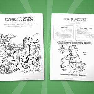 Paquete de actividades sobre el dinosaurio Baryonyx / Páginas para colorear, hojas de trabajo, datos interesantes (descarga en PDF) imagen 5