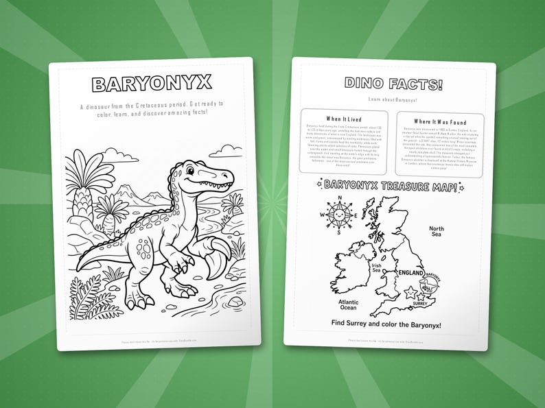 Paquete de actividades sobre el dinosaurio Baryonyx / Páginas para colorear, hojas de trabajo, datos interesantes (descarga en PDF) imagen 5
