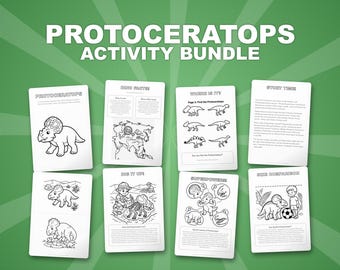プロトケラトプス恐竜アクティビティセット｜子供向け印刷可能な塗り絵、ワークシート、豆知識｜幼児向けホームスクール｜PDF即時ダウンロード