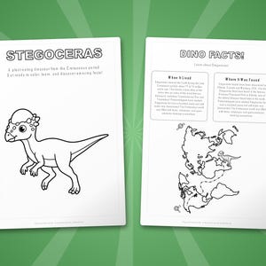 Paquete de actividades sobre el dinosaurio Stegoceras / Páginas para colorear, hojas de trabajo, datos interesantes (descarga en PDF) imagen 5