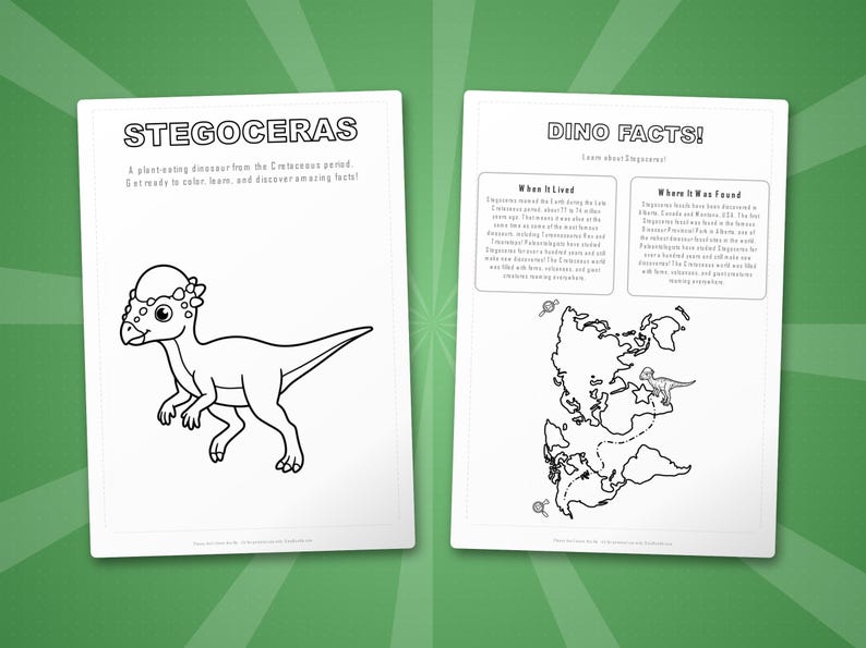 Paquete de actividades sobre el dinosaurio Stegoceras / Páginas para colorear, hojas de trabajo, datos interesantes (descarga en PDF) imagen 5