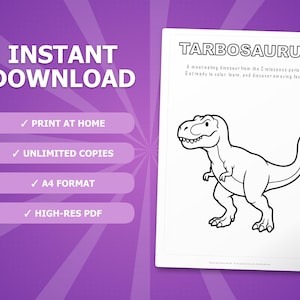 Tarbosaurus-dinosaurus activiteitenbundel | Kleurplaten, werkbladen, feiten (instant pdf) afbeelding 4