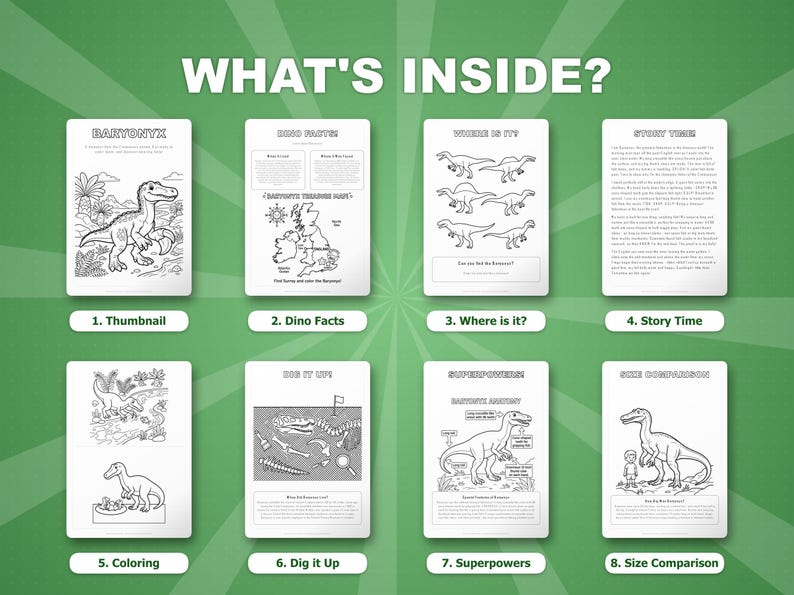 Paquete de actividades sobre el dinosaurio Baryonyx / Páginas para colorear, hojas de trabajo, datos interesantes (descarga en PDF) imagen 2