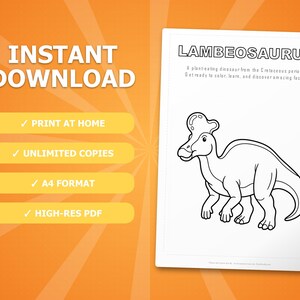 Paquete de actividades sobre el dinosaurio Lambeosaurus / Páginas para colorear, hojas de trabajo, datos interesantes (PDF instantáneo) imagen 4