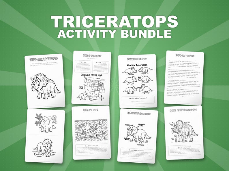 Triceratops Dinosaur Activity Bundle | Coloring Pages, Worksheets, Facts (PDF Download) image 1