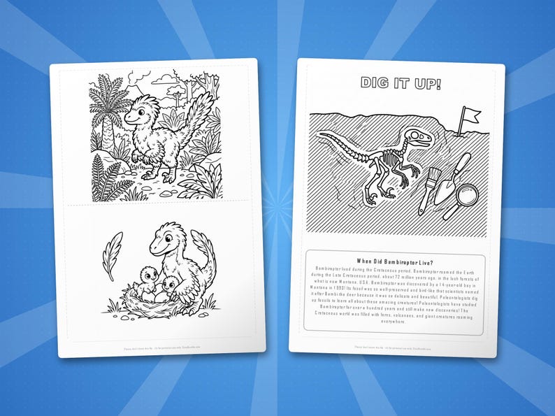 Paquete de actividades sobre el dinosaurio Bambiraptor / Páginas para colorear, hojas de trabajo, datos interesantes (descarga en PDF) imagen 7