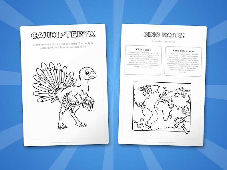 Caudipteryx-activiteitenbundel dinosaurus | Kleurplaten, werkbladen, feiten (pdf-download) afbeelding 5