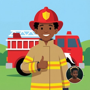 Puede incluir: Ilustración de un bombero sonriente haciendo una señal de pulgar hacia arriba, con un casco rojo con un emblema amarillo y un uniforme beige con rayas amarillas. Un camión de bomberos rojo está en el fondo, con un pequeño retrato de un niño.