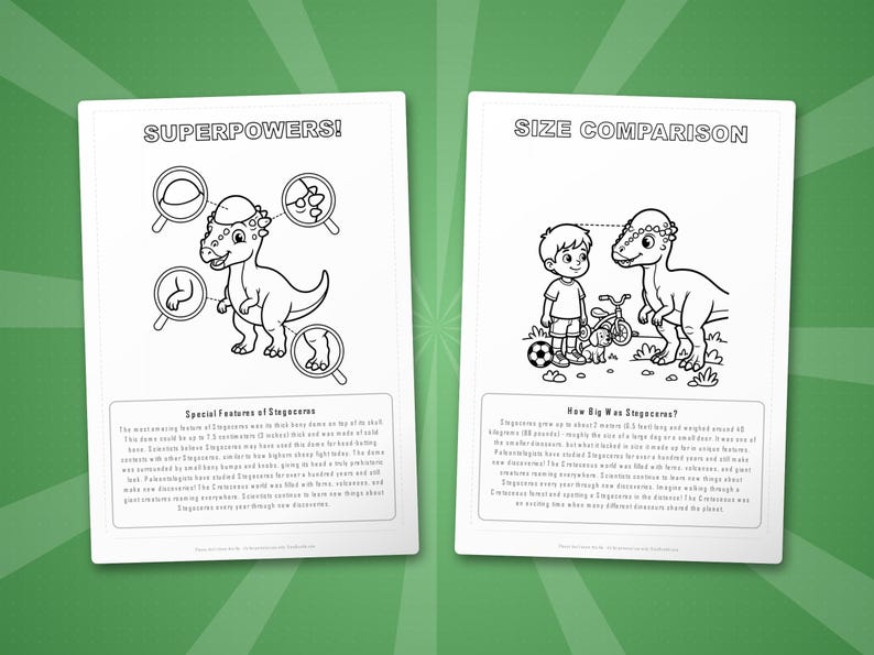 Paquete de actividades sobre el dinosaurio Stegoceras / Páginas para colorear, hojas de trabajo, datos interesantes (descarga en PDF) imagen 8