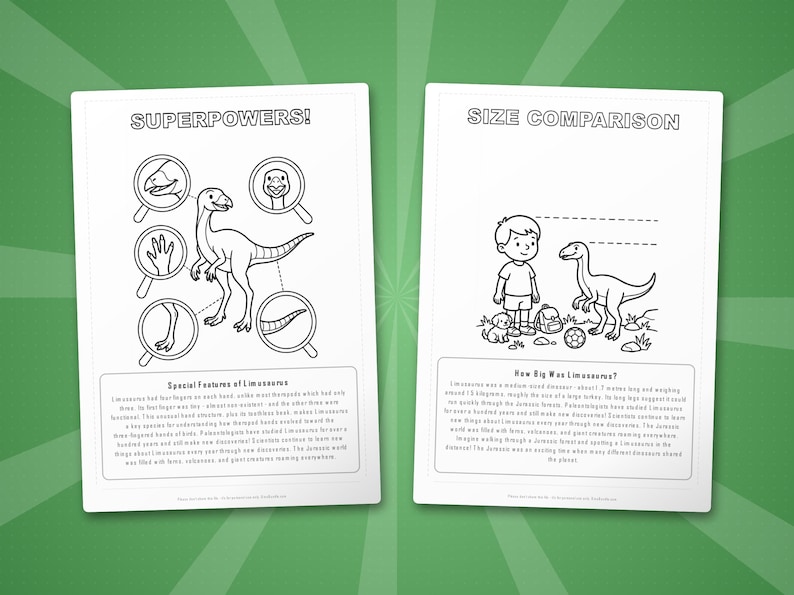 Paquete de actividades sobre el dinosaurio Limusaurus / Páginas para colorear, hojas de trabajo, datos (PDF) imagen 8
