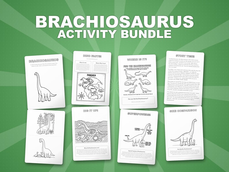 Activiteitenbundel brachiosaurus-dinosaurus | Kleurplaten, werkbladen, feiten (pdf-download) afbeelding 1
