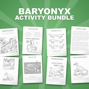 Paquete de actividades sobre el dinosaurio Baryonyx / Páginas para colorear, hojas de trabajo, datos interesantes (descarga en PDF) imagen 1