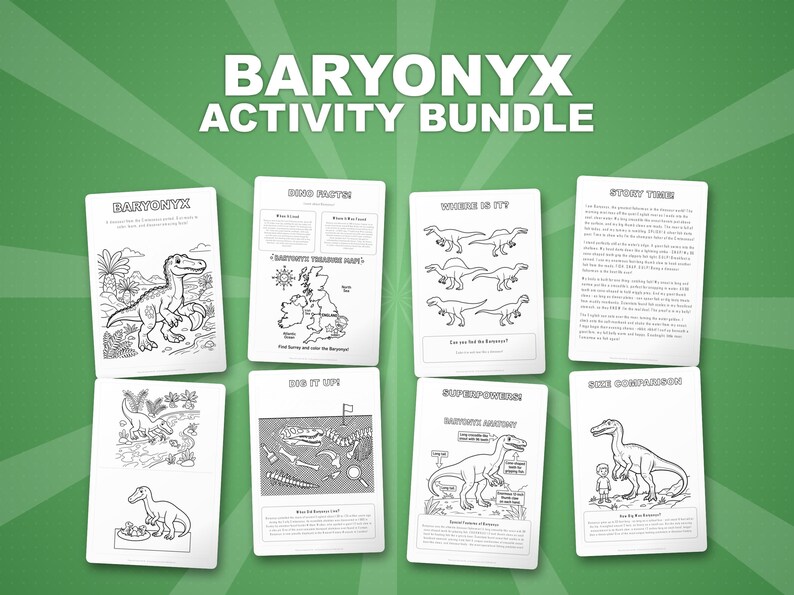 Paquete de actividades sobre el dinosaurio Baryonyx / Páginas para colorear, hojas de trabajo, datos interesantes (descarga en PDF) imagen 1