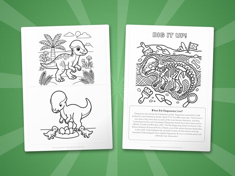 Paquete de actividades sobre el dinosaurio Stegoceras / Páginas para colorear, hojas de trabajo, datos interesantes (descarga en PDF) imagen 7