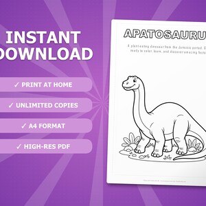 Apatosaurus Dinosaur Activity Bundle | Printable Coloring Pages, Worksheets & Facts for Kids | Preschool Homeschool | Instant PDF image 4