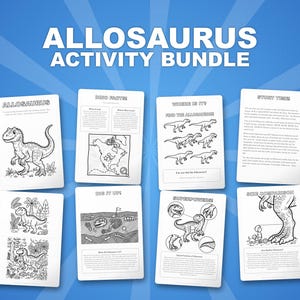 Allosaurus Dinosaurier Aktivität Bündel | Druckbare Ausmalseiten, Arbeitsblätter & Fakten für Kinder | Vorschule Homeschool | Sofort-PDF Bild 1