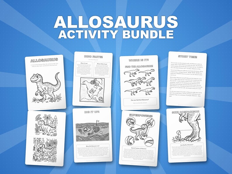 Allosaurus Dinosaurier Aktivität Bündel | Druckbare Ausmalseiten, Arbeitsblätter & Fakten für Kinder | Vorschule Homeschool | Sofort-PDF Bild 1