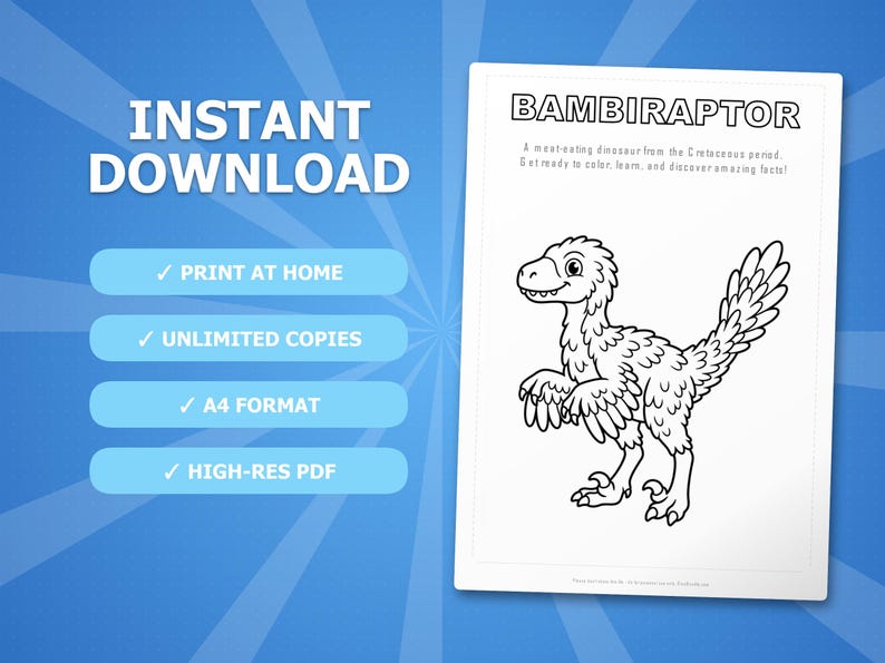 Paquete de actividades sobre el dinosaurio Bambiraptor / Páginas para colorear, hojas de trabajo, datos interesantes (descarga en PDF) imagen 4