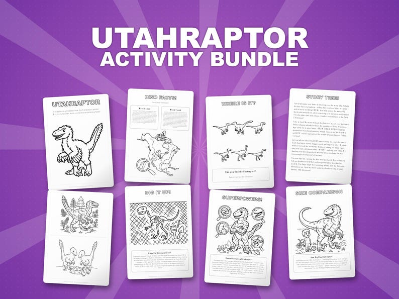 Utahraptor Dinosaur Activity Bundle | Coloring Pages, Worksheets, Facts (PDF Download) image 1