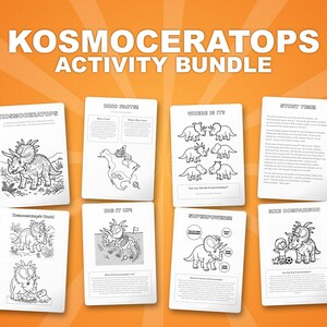 コスモケラトプス恐竜アクティビティセット｜子供向け印刷可能な塗り絵、ワークシート、豆知識｜幼児向けホームスクール｜PDF即時ダウンロード 画像 1