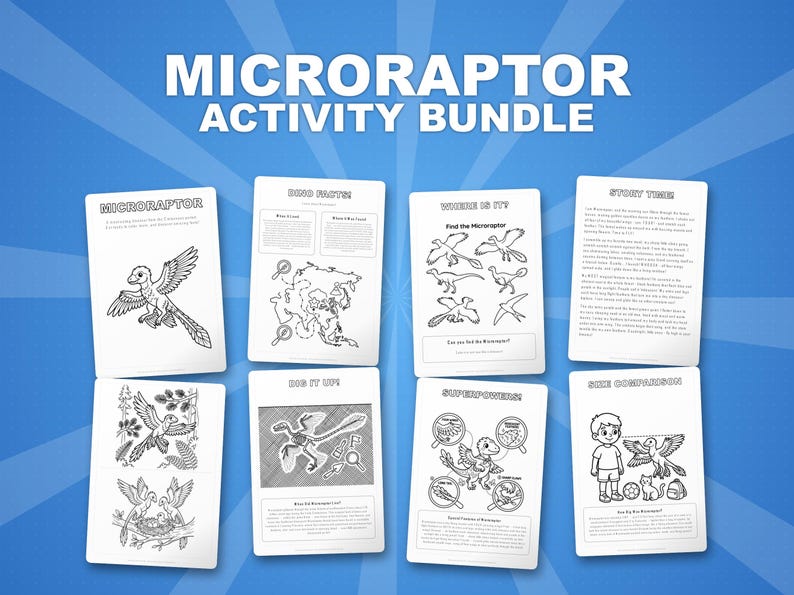 Ensemble d'activités dinosaure microraptor | Coloriages à imprimer, feuilles d'exercices et faits divers pour les enfants | Préscolaire École à la maison | PDF instantané image 1