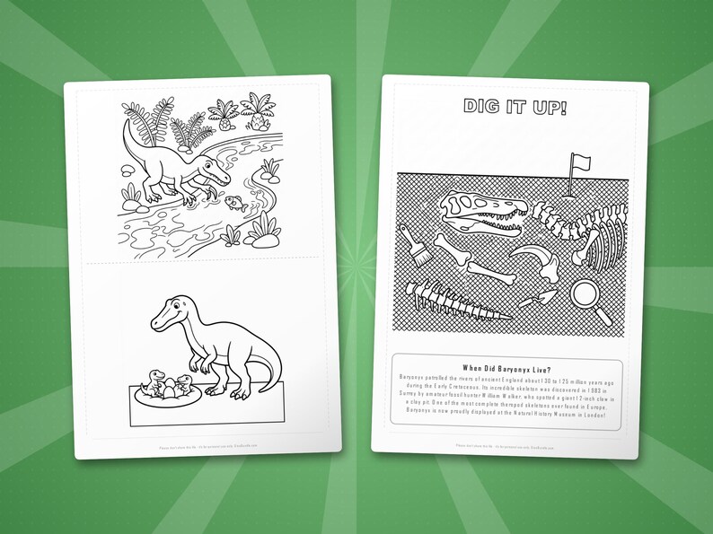 Paquete de actividades sobre el dinosaurio Baryonyx / Páginas para colorear, hojas de trabajo, datos interesantes (descarga en PDF) imagen 7