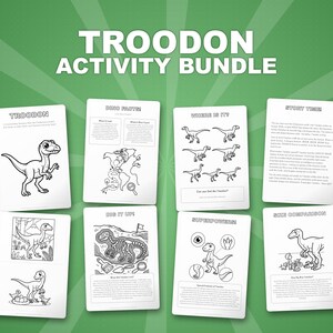 Pacchetto di attività sul dinosauro Troodon / Pagine da colorare, schede di lavoro, curiosità (PDF immediato) immagine 1