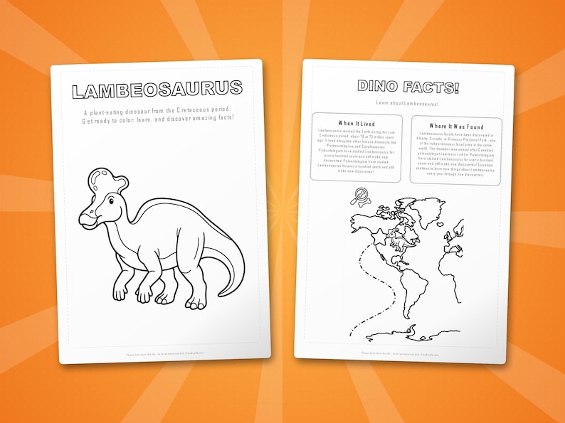 Paquete de actividades sobre el dinosaurio Lambeosaurus / Páginas para colorear, hojas de trabajo, datos interesantes (PDF instantáneo) imagen 5