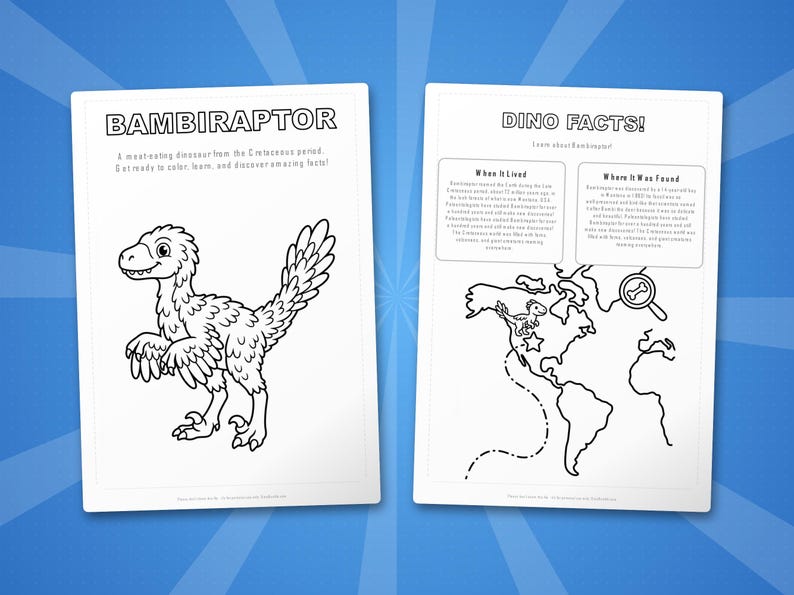 Paquete de actividades sobre el dinosaurio Bambiraptor / Páginas para colorear, hojas de trabajo, datos interesantes (descarga en PDF) imagen 5