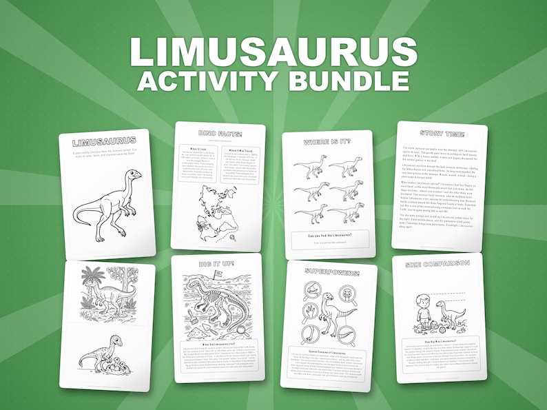 Paquete de actividades sobre el dinosaurio Limusaurus / Páginas para colorear, hojas de trabajo, datos (PDF) imagen 1