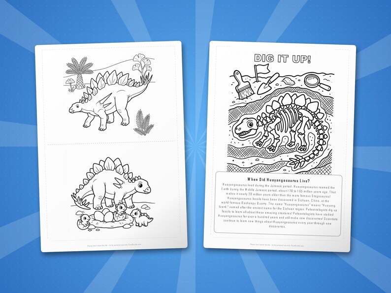 Zestaw aktywności z dinozaurem Huayangosaurus | Kolorowanki, arkusze ćwiczeń i ciekawostki do druku dla dzieci | Edukacja domowa dla przedszkolaków | Natychmiastowy plik PDF zdjęcie 7