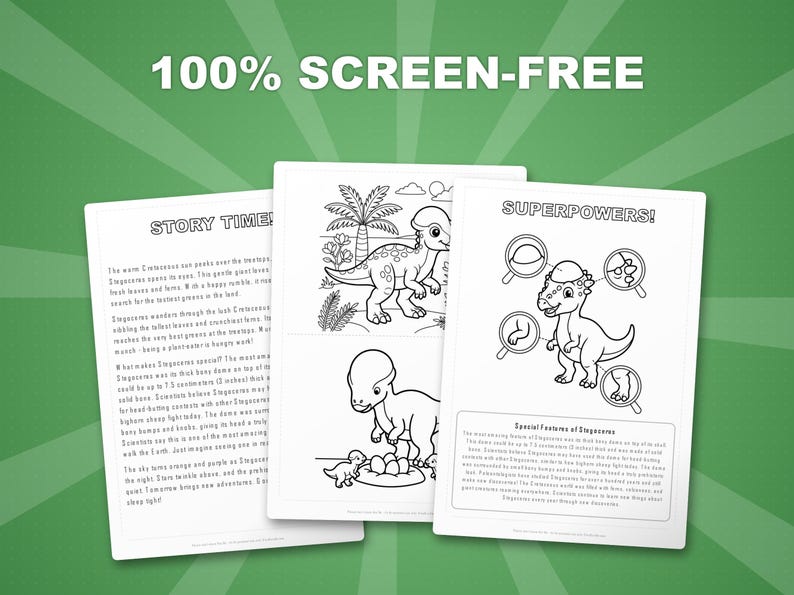 Paquete de actividades sobre el dinosaurio Stegoceras / Páginas para colorear, hojas de trabajo, datos interesantes (descarga en PDF) imagen 3