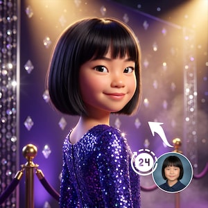 Peut inclure: Une illustration numérique d'une personne avec un carré noir portant une robe à sequins bleu foncé scintillante. Un petit encart circulaire montre une photographie de la même personne, et une flèche blanche pointe vers l'illustration avec une icône 24.