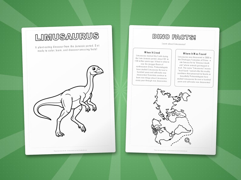 Paquete de actividades sobre el dinosaurio Limusaurus / Páginas para colorear, hojas de trabajo, datos (PDF) imagen 5
