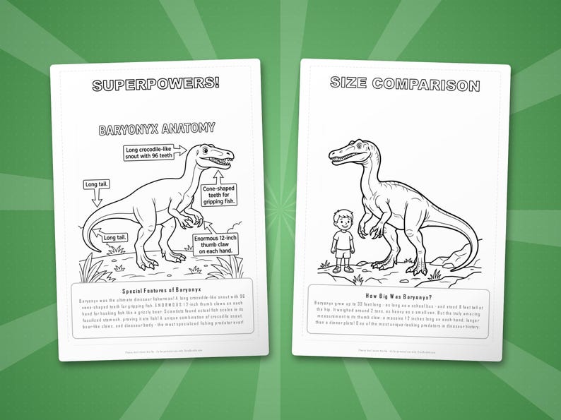 Paquete de actividades sobre el dinosaurio Baryonyx / Páginas para colorear, hojas de trabajo, datos interesantes (descarga en PDF) imagen 8