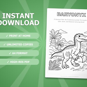 Paquete de actividades sobre el dinosaurio Baryonyx / Páginas para colorear, hojas de trabajo, datos interesantes (descarga en PDF) imagen 4