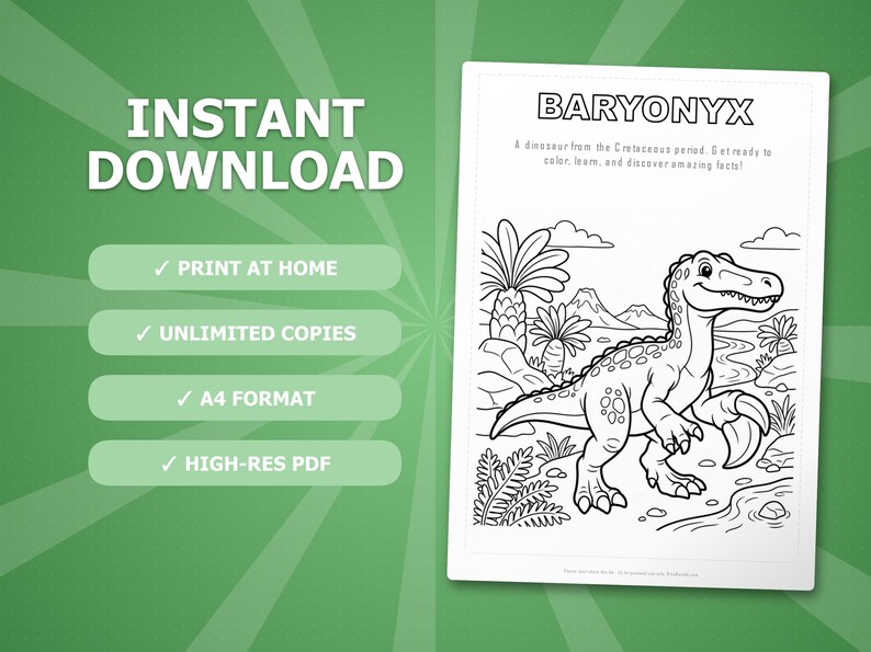 Paquete de actividades sobre el dinosaurio Baryonyx / Páginas para colorear, hojas de trabajo, datos interesantes (descarga en PDF) imagen 4