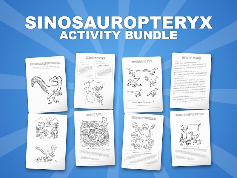 Sinosauropteryx Dinosaurier Aktivitäts-Bundle | Ausmalbilder, Arbeitsblätter, Fakten (PDF) Bild 1