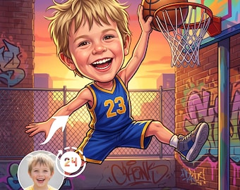 Benutzerdefinierte Basketball-Karikatur | Personalisierte Basketball Cartoon Portrait vom Foto | Sport Geschenk für Kinder, Jugendliche, Erwachsene | Digitaler Kunstdruck