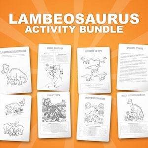 Paquete de actividades sobre el dinosaurio Lambeosaurus / Páginas para colorear, hojas de trabajo, datos interesantes (PDF instantáneo) imagen 1