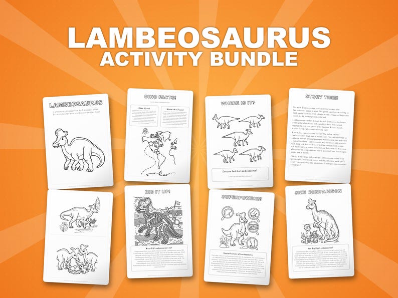 Paquete de actividades sobre el dinosaurio Lambeosaurus / Páginas para colorear, hojas de trabajo, datos interesantes (PDF instantáneo) imagen 1